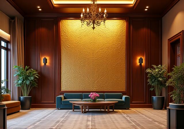 Lobby di un boutique hotel a Roma con un murale calligrafico dorato, creando un'accoglienza sontuosa e memorabile.