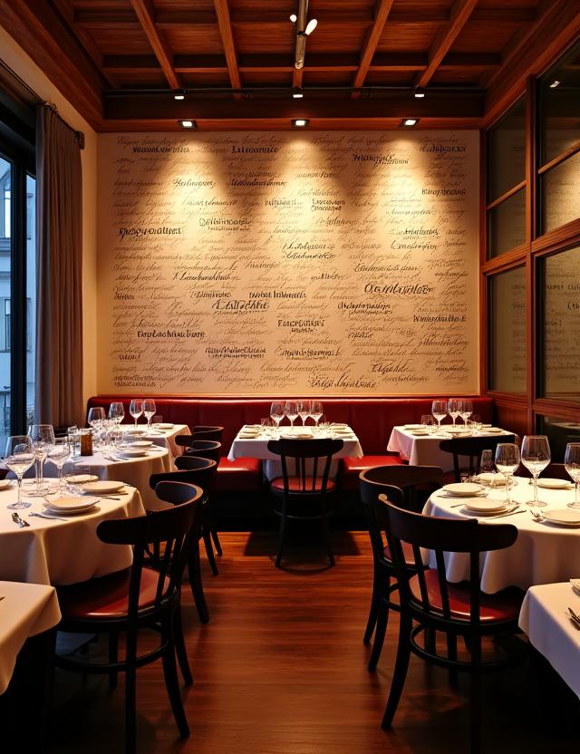Interno di un ristorante a Firenze con carta da parati personalizzata a tema culinario, arricchendo l'esperienza gastronomica.