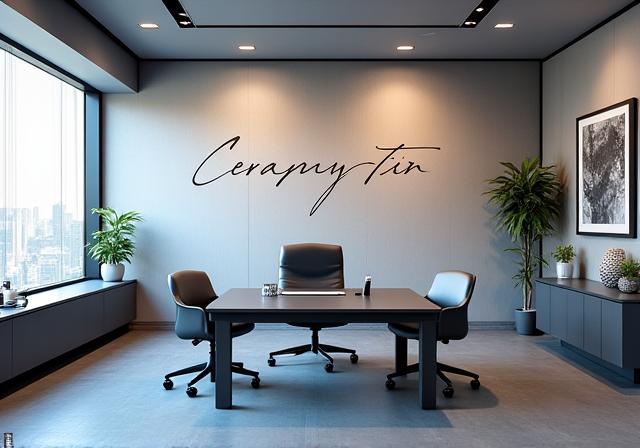 Ufficio direzionale a Milano con una parete di design sobrio e testo calligrafico, che infonde prestigio e ispirazione.